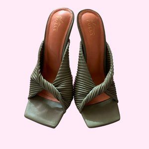Oh Polly Ribbed Leatherette Mule Heels in Olive